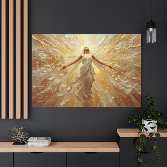 Radiant Joy Canvas Print - Euphoria Wall Art - Golden Goddess Print - Divine Feminine Decor - Impasto Abstract Art - White and Gold Print