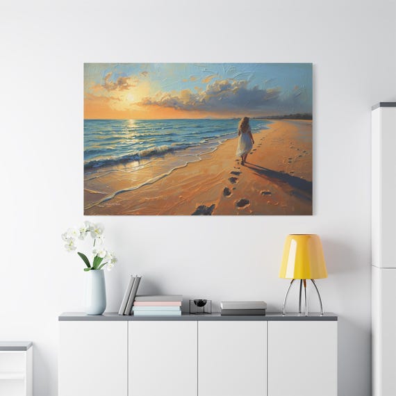 Impasto Beach Sunset Canvas Print – Woman Walking Shoreline Coastal Art