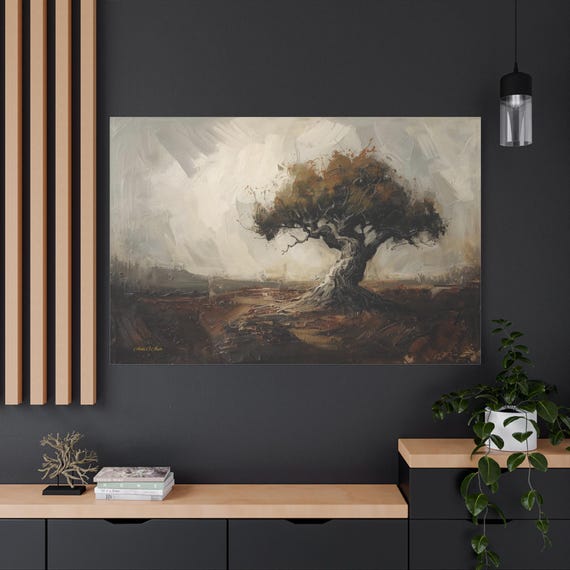 Solitary Ancient Tree Canvas Print - Moody Rustic Landscape Art - Impasto Style Oak Tree - Earth Tone Farmhouse Decor - Symbol of Resilience