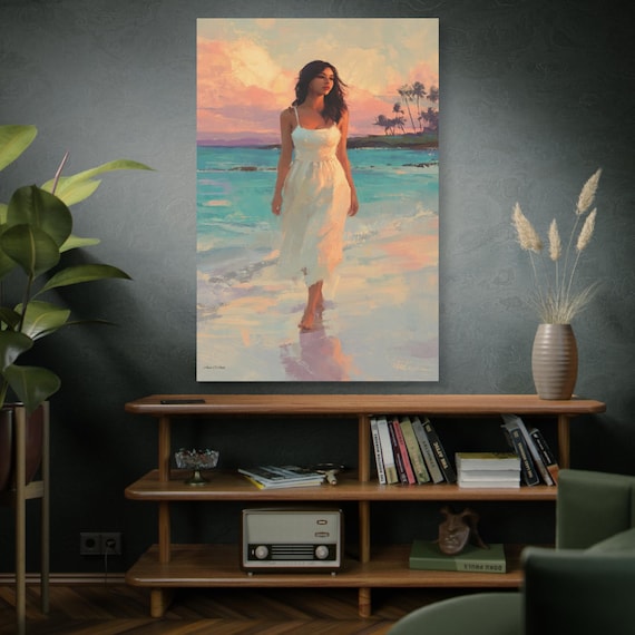 Sunset Stroll, Woman in White Dress,  Beach Walk Matte Canvas Print, Sunset Canvas, Boho Beach Art, Coastal Art, Romantic Canvas.