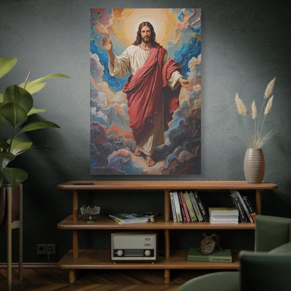 Ascension in Impasto, Resurrected Christ painting Canvas Print, Faith Decor,  Prayer Room Art, Jesus Canvas.