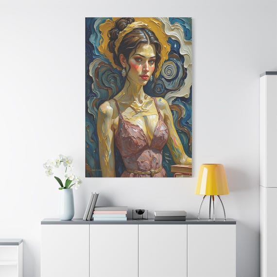 Lumina in Azure Swirl, Portrait of Woman Canvas Print | Academia Decor - Blue and Gold Swirl Canvas