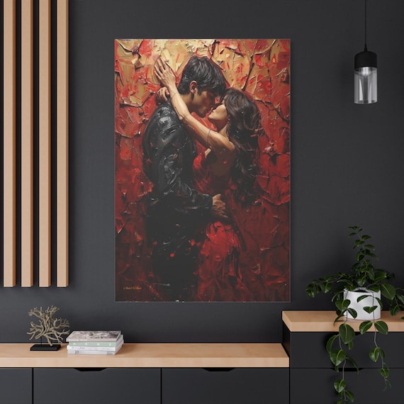 Passionate Kiss Canvas Print - Romantic Couple Wall Art - Red & Gold Love Painting - Impasto Style Bedroom Decor - Sensual Anniversary Gift