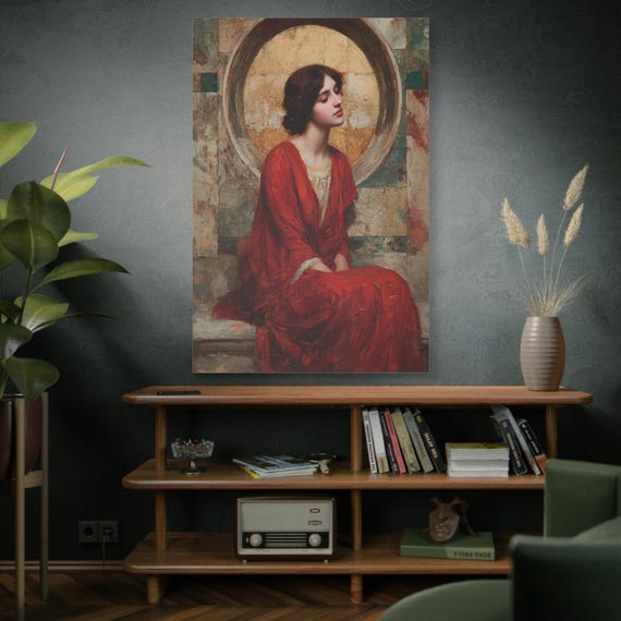 Classical Woman Portrait Canvas - Red Dress Wall Art - Impasto Romantic Print - Vintage Feminine Decor - Dark Academia Art - Golden Halo