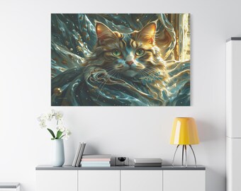 Majestic Teal & Gold Cat Canvas Print - Ethereal Feline Wall Art