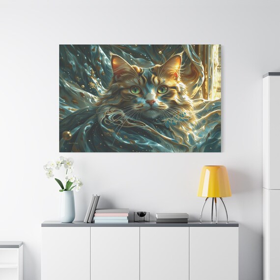 Majestic Teal & Gold Cat Canvas Print - Ethereal Feline Wall Art