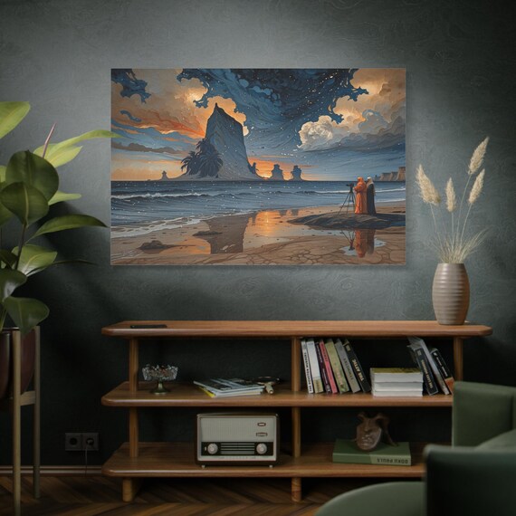 Coastal Spires at Twilight,  Dramatic Seascape,  Fantasy Travel Art,  Impasto Style Art,  Ocean Sunset,  Monolithic Rock, Surreal Mountain.