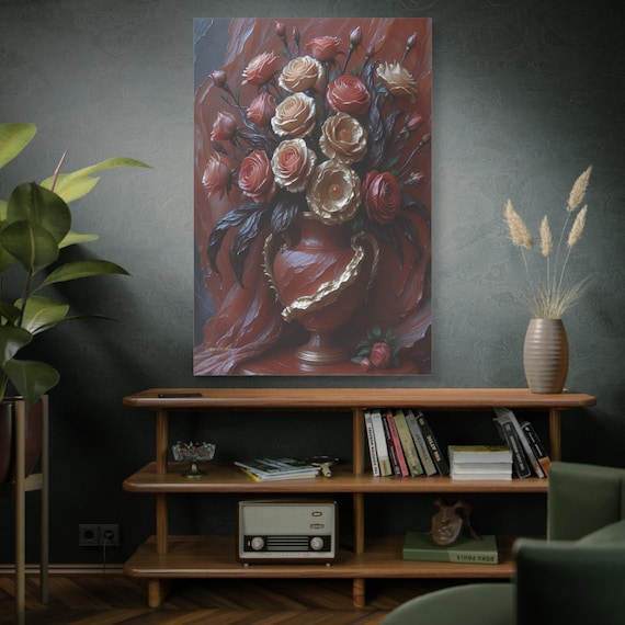 Velvet & Gold Blooms,  Rose Bouquet Matte Canvas Print, Luxury Floral Art, Crimson Red Decor, Heavy Impasto Print, Romantic Wall Art.