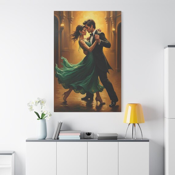 Intimate Tango Embrace Canvas Print - Romantic Couple Wall Art - Emerald Green Gown Painting - Wedding & Anniversary Gift