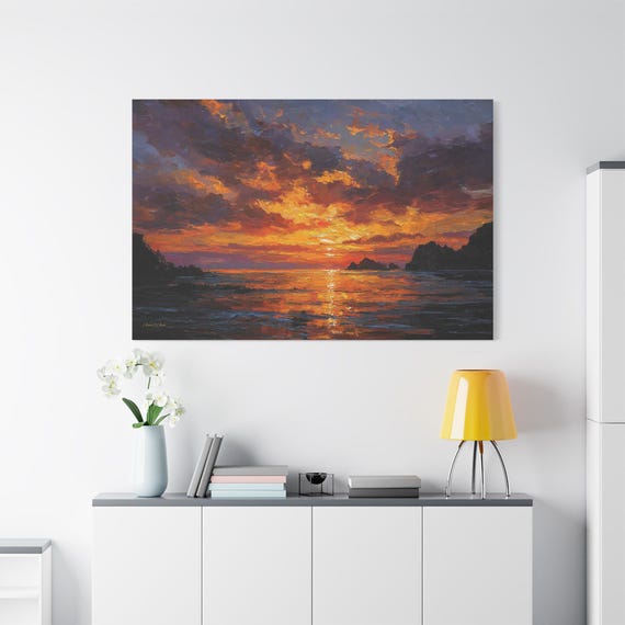 Fiery Ocean Sunset Canvas Print - Impasto Seascape Wall Art - Moody Coastal Decor - Dramatic Sunset Canvas - Rocky Beach - Scenery
