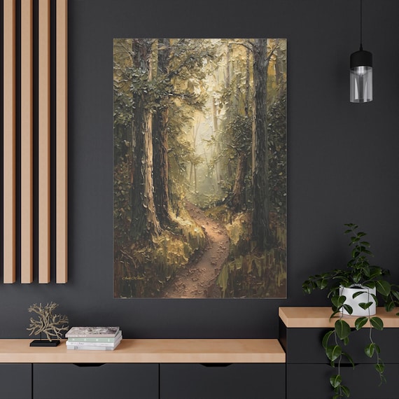 Sunlit Forest Path Canvas - Enchanted Woods Art - Impasto Nature Print - Winding Trail Decor - Green Woodland Print - Tree Wall Art