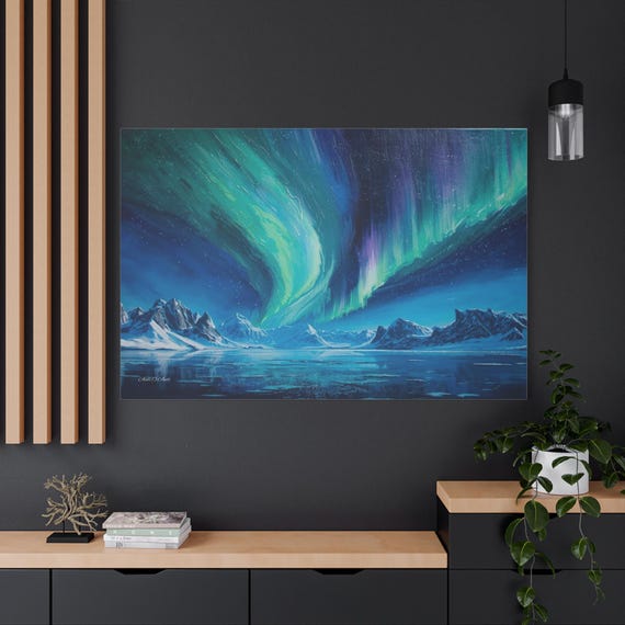 Northern Lights Canvas Print - Aurora Borealis Wall Art - Impasto Style Mountain Landscape - Teal and Purple Night Sky - Nature Decor