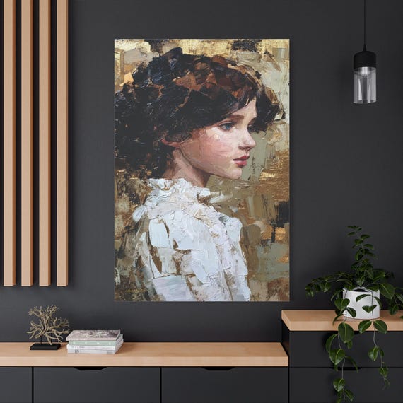 Gold and White Portrait Canvas - Vintage Woman Profile Art - Impasto Female Print - Dark Academia Decor - Elegant Lady Wall Art - 3D Look