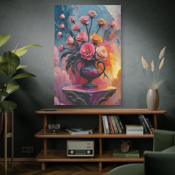 Romantic Bloom in Indigo,Textured Floral Art, Impasto Roses Print, Pink and Blue Art, Romantic Wall Decor, Grandmillennial Artwork.