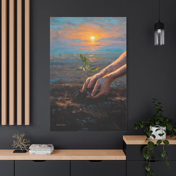 Hope Taking Root Canvas Print - Hands Planting Sapling Art - Impasto Sunrise Landscape - Gardening Lover Gift - New Beginnings Wall Decor