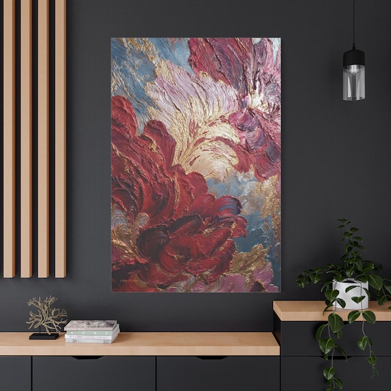Red and Gold Floral Canvas Print - Impasto Flower Print - Moody Botanical Wall Art - Textured Burgundy Decor - Abstract 3D Look Art