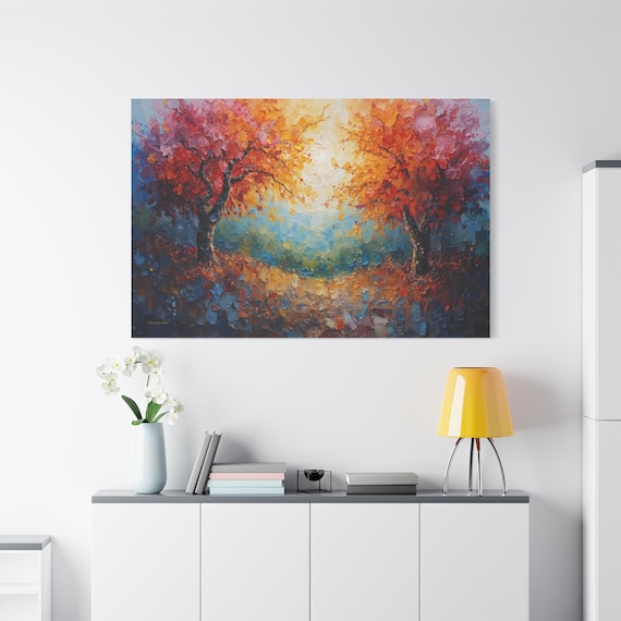 Twin Trees of Life Canvas Print - Colorful Autumn Landscape - Romantic Couple Gift - Impasto Style Abstract Nature Art - Bedroom Wall Decor