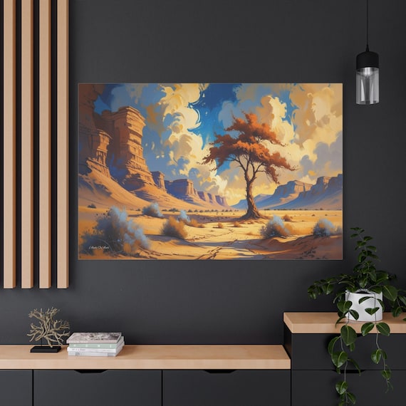 Southwestern Desert Landscape Canvas | Majestic Canyon Tree Wall Art | Textured Impasto Oil Style | Western Boho Decor | Nature Lover Gift
