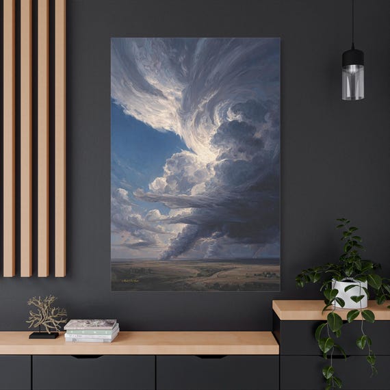 Dramatic Storm Cloud Canvas Print - Epic Sky Landscape Wall Art - Impasto Nature Print - Tornado Weather Decor - Moody Vertical Art
