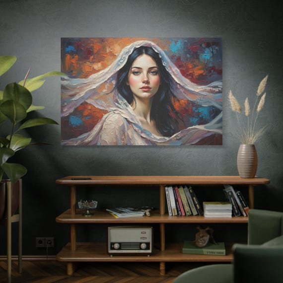 Veiled Harmony, Print, Portrait of Woman with Veil Matte Wall Art, Stretched Gallery Wrap, Home Decor, Gift for Her, Feminine Artwork
