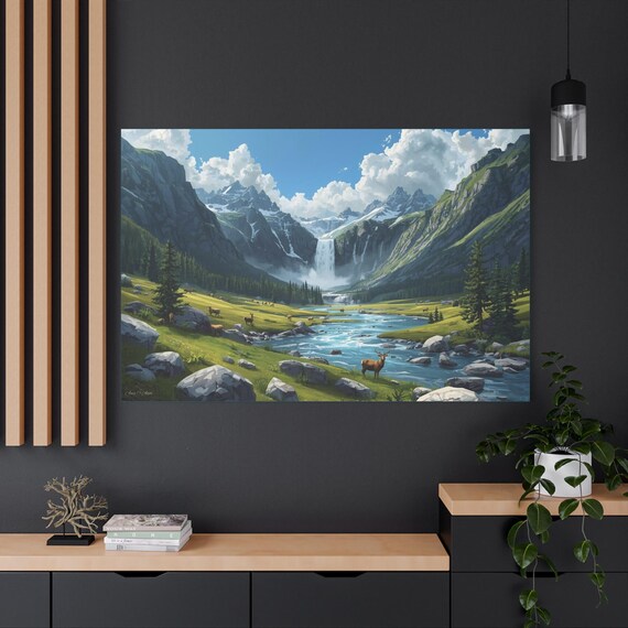 Mountain Landscape Canvas Art: Wildlife Waterfall Scene