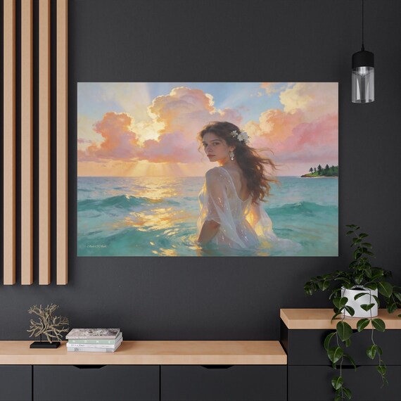 The Island Muse, Woman Canvas, Romantic Wall Art, Ethereal Portrait, Sunset Beach Print, Woman in Water, Pastel Pink Cloud, Island Landscape
