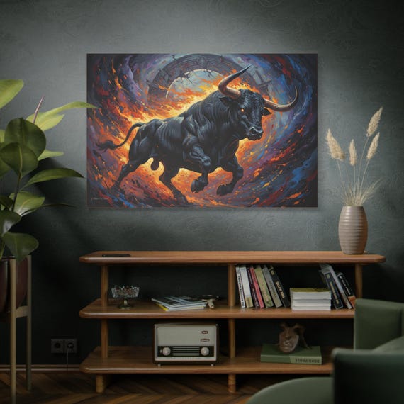 Inferno Taurus, Bull Canvas Print,m Masculine Decor, Bull Art Work, Stretched Canvas, Office wall Art, Mythical Bull Print.