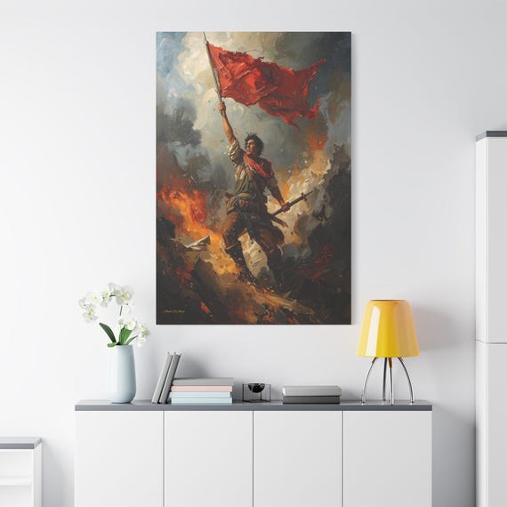 The Revolutionary Canvas Print - Red Flag Art - Freedom Fighter Print - Historical Rebellion Decor - Les Mis Style Art - Impasto Wall Decor