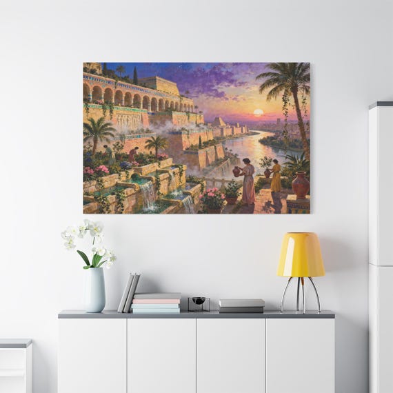 Hanging Gardens Canvas Print - Epic Ancient City Wall Art - Fantasy Landscape Print - Mythological Decor - Lush Historical Palace Art