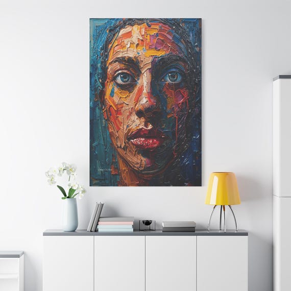 Colorful Abstract Woman Portrait - Vibrant  Face Canvas, Modern Pop Art Wall Decor - Electric Blue & Orange Print - Large Statement Art