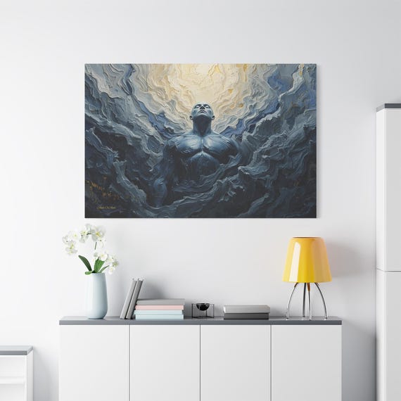 Stoic Male Portrait Canvas - Masculine Wall Art - Impasto Abstract Print - Dark Blue & Gold Decor - Resilience Print - Men's Office Art