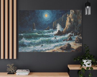 Canvasprint maanlicht oceaan - dramatische zeegezicht kunst aan de muur - impasto stijl nachtelijke hemel - schilderij kust klif - blauw en goud decor
