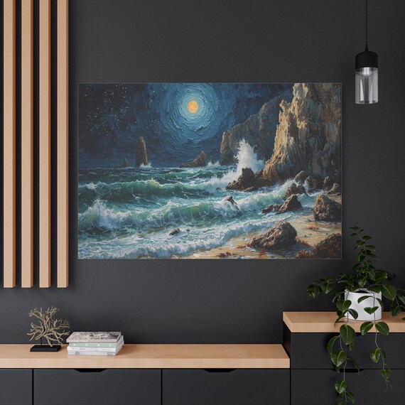 Moonlight Ocean Canvas Print - Dramatic Seascape Wall Art - Impasto Style Night Sky - Coastal Cliff Painting - Blue and Gold Decor