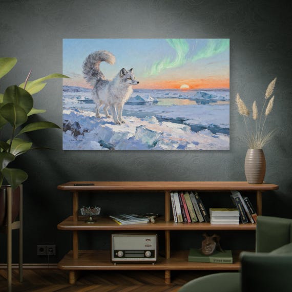 Arctic Whisper, Arctic Fox Art,  Aurora Borealis Print,  Wildlife Canvas, Polar Landscape, Sunset Painting,  Fox Lover, Impressionist Style.