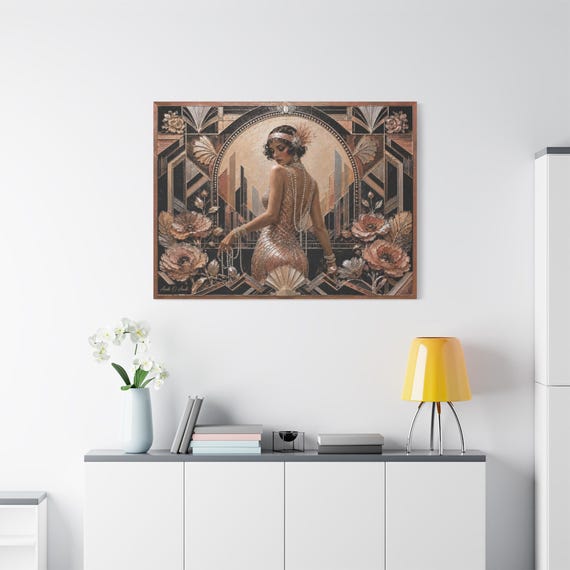 Art Deco Flapper Canvas Print - Rose Gold Vintage Glamour Art - 1920s Woman Wall Decor - Impasto Floral Portrait - Roaring 20s Room Decor