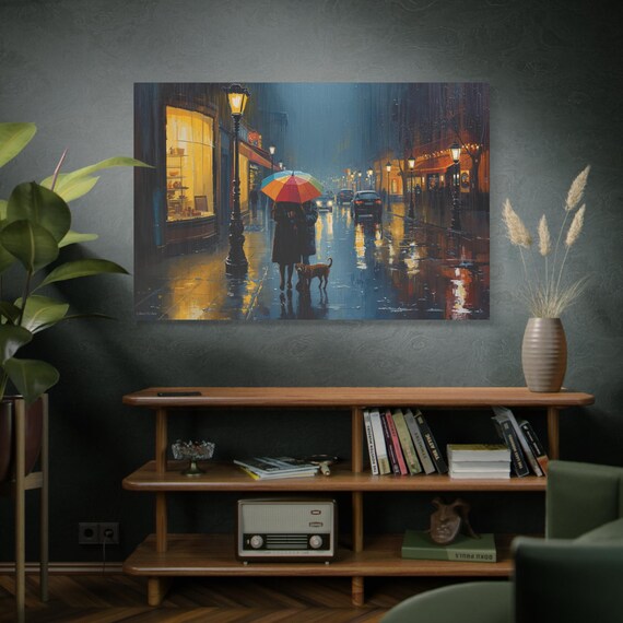 Canvas Print, The Urban Solace, Romantic Cityscape Wall Art, Gift for Art Lovers, Rainy Day Decor, Colorful Umbrella Print, Stretched Matte