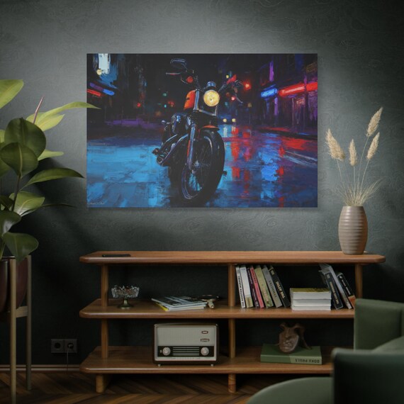 Motorcycle Night Canvas Print, Wall Art for Bike Lovers, Cool Bedroom Decor, Gift for Riders, Biker Art, Urban Vibe Home Decor