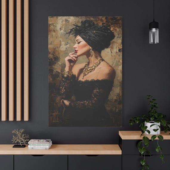 Vintage Glamour Portrait Canvas - Black Turban Wall Art - Impasto Fashion Print - Dark Maximalist Decor - Gold Jewelry Art - Elegant Print