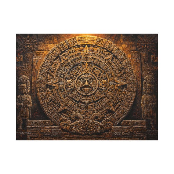 Aztec Calendar Canvas Print- Mayan Sun Stone Wall Art - Mesoamerican Artifact Decor - Golden Faux Stone Relief - Global Eclectic History Art
