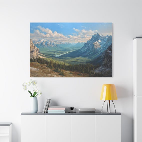 Mountain Valley Canvas Print - Majestic Landscape Wall Art - Winding River Print - Pine Forest Decor - Adventure Art - National Park Decor