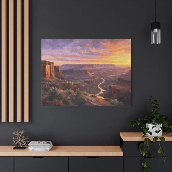 Majestic Canyon Canvas Print - Impasto Desert Landscape Art - Southwestern Wall Decor - Sunset River Gorge Canvas- Western Home Art