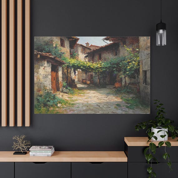 Tuscan Village Canvas Print - Mediterranean Street Art - Italian Alley Print - Rustic Kitchen Decor - Grapevine Landscape Art  Description