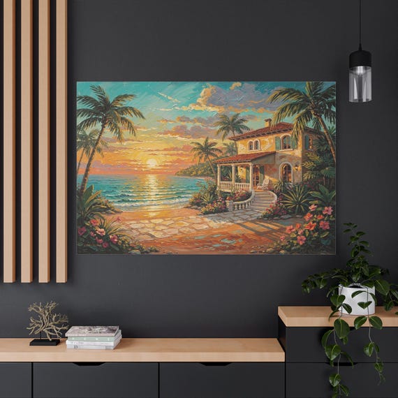 Tropical Sunset Canvas Print - Coastal Villa Wall Art - Impasto Beach Print - Mediterranean House Decor - Palm Tree Landscape - Ocean Art