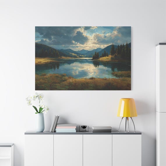 Mountain Lake Canvas Print - Serene Reflection Landscape - Impasto Pine Tree Art - Rustic Cabin Decor - Sunlit Cloud Wall Art - Scenery
