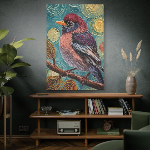 Cosmic Sentinel, Vibrant Bird Canvas Art, Home Decor, Wall Art Print, Colorful Artwork, Gift for Bird Enthusiasts, Living Room Decor.