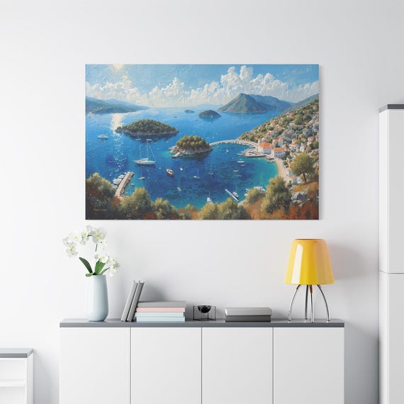 Mediterranean Coastal Canvas - Impasto Ocean View Print - Amalfi Coast Wall Art - Sailboat Canvas - European Village Decor - Seascape
