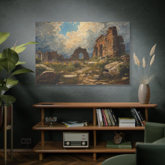 Ancient Ruins Canvas Print - Impasto Landscape Art - Spring Wildflowers Print - Light Academia Decor - Hopeful Nature Art - Sunlit Print