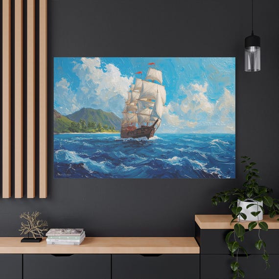 Canvas Wall Art Decor - Nautical Ship Painting, Home Decor, Gift for Sailors, Beach House Art, Coastal Living Accents