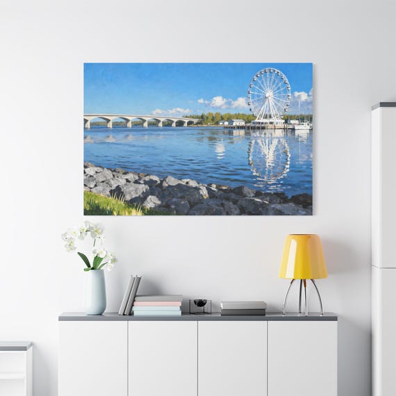 Scenic Riverside Carousel Canvas Art Print: Coastal Landscape Decor