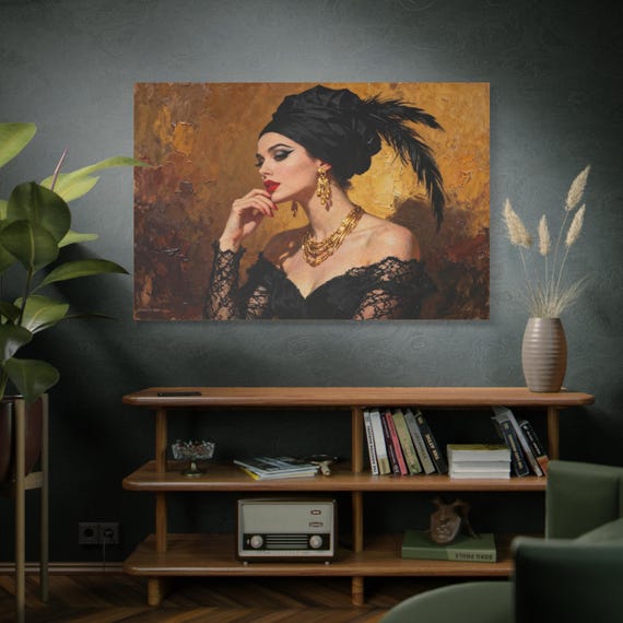 The Black Turban, Elegant Woman Portrait Matte Canvas Print, Vintage Decor, Elegant Wall Art, Glamour Art, Fashion portrait.